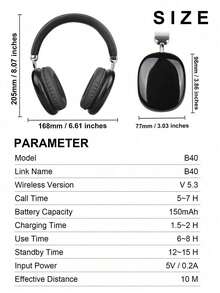 Cool Advanced Simplicity Style Wireless Headphones, Long Battery Life Over-Ear Headset With Adjustable Design, Ideal For Music, Sports, Gaming - Push Button Volume Control, Type-C Charging, Rechargeable Lithium Polymer Battery - Black - View 8