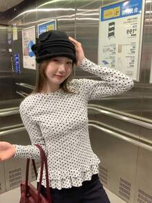 Women's Sweet Style White Polka Dot Long Sleeve T-Shirt, Elegant Ruffled Hem Slim Fit Layering Top, Lightweight Autumn Wear Spring - Light Grey - View 3