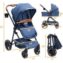 Cocinete plegable para bebés con cesta de Moisés para bebés recién nacidos de 0 a 36 meses, cochecitos de viaje ligeros con paraguas, cochecitos compactos con asientos reversibles para niños pequeños - Azul - Ver 2