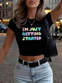 Women's "I'm Just Getting Started" Graphic Crop Top T-Shirt - Soft Short Sleeve Casual Streetwear For Empowering Everyday Style - 黑色 - 查看 1