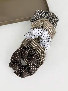 5pcs Retro Brown Scrunchie Set, Polka Dot & Plaid Print Hair Scrunchies, Hair Accessories - Multicolor - View 5