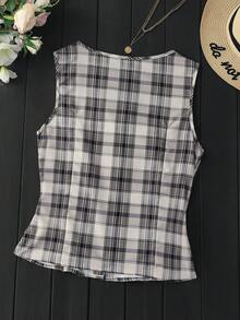 女士优雅格子印花无袖V领背心，春夏休闲款 - 灰格 - 查看 2
