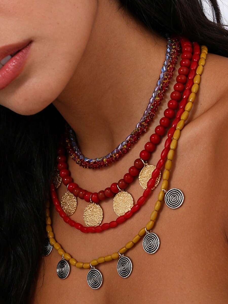 ZAA Multi-Layer Bead Alloy Geometric Pendant Necklace, Cross-Border Retro Round Pendant Necklace, Bohemian Style Necklace, Casual Simple And Luxurious Versatile Women's Necklace, Women's Style - Multicolor - View 1