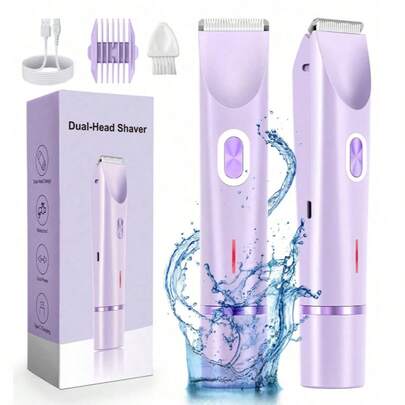 Recortadora de bikini 2 en 1 para mujeres, recortadora de doble cabezal para depilación de damas con cuchillas de cerámica y puerto de carga Tipo-C, apta para el área íntima, axilas, piernas, brazos y rostro de la mujer