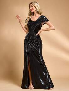 Elisanya Ruched V-Neck Short Sleeve Long Fitted Dress, Elegant For Cocktail Party, Wedding, Bridesmaid, Graduation, Heavy Embellishment - Black - View 6
