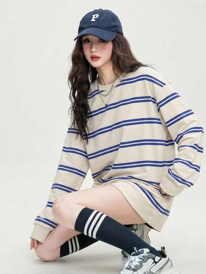 JUTU Spring & Autumn Blue Striped Casual Long Sleeve Loose T-Shirt For Women