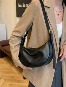 Women's Leather Dumpling Bag, PU Leather Saddle Shoulder Bag, Solid Color, Daily Commute Bag With Adjustable Strap - Black - View 3