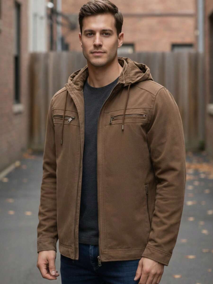Men's Twill Jacket, Stylish Coat With Hood And Pockets - Óxido marrón - Ver 1
