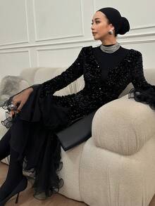 DAZY 女士V领喇叭袖亮片连衣裙，晚礼服，春夏舞会礼服，派对女士荷叶边返校礼服，奢华优雅女士连衣裙，新年夜礼服，情人节闪亮连衣裙 - 黑色 - 查看 4