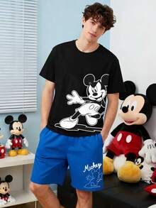 Disney 米奇印花男士休闲家居服两件套，圆领上衣和短裤，适合春夏穿着 - 黑色 - 查看 4
