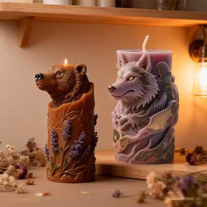 1pc Forest Brown Bear Lavender Candle Silicone Mold, DIY Forest Wolf Animal Plaster Decor, Resin Art Craft Home Decoration Creative Handmade Gift