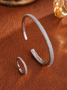 rakol 2pcs Minimalist Cubic Zirconia Pave Open Cuff Ring & Bracelet Set, Plated Silver Color, Suitable For Women's Daily Commute And Business Wear - Silver - View 3