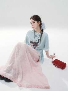 女士优雅甜美荷叶边蕾丝网纱长裙，夏季粉色 - 粉色 - 查看 2