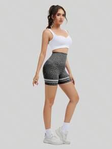 3PCS,Women's Color-Block Leopard Print High-Waisted Yoga Shorts, Outdoor Running Sport Shorts, Peach Butt Fitness Design, Suitable For Themed Runs And Fashion Events. - 黑色+黑色+黑色 - 查看 6