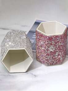 1个奢华白色闪亮水晶水钻桌面笔筒，创意陶瓷水钻化妆刷收纳架，时尚化妆品收纳 - 彩色 - 查看 11