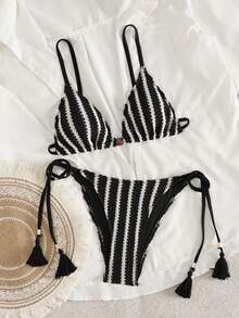2pcs Women Crochet Striped Halter Bikini Set, High Cut Casual Sexy Swimwear With Tassel - Black - View 5