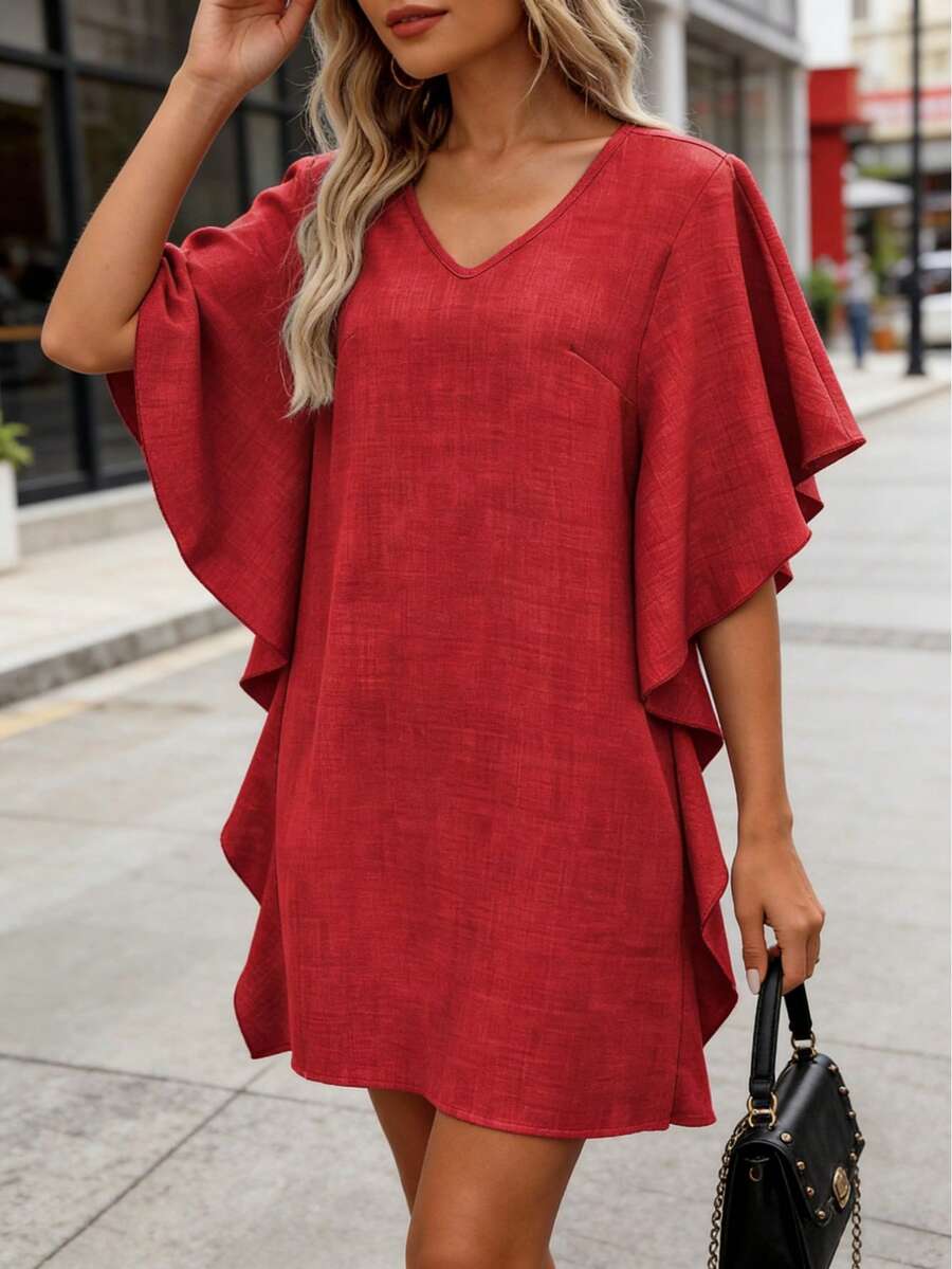 Plus Size Women Elegant Ruffle V-Neck Solid Color Mini Dress, Summer Red - Red - View 1