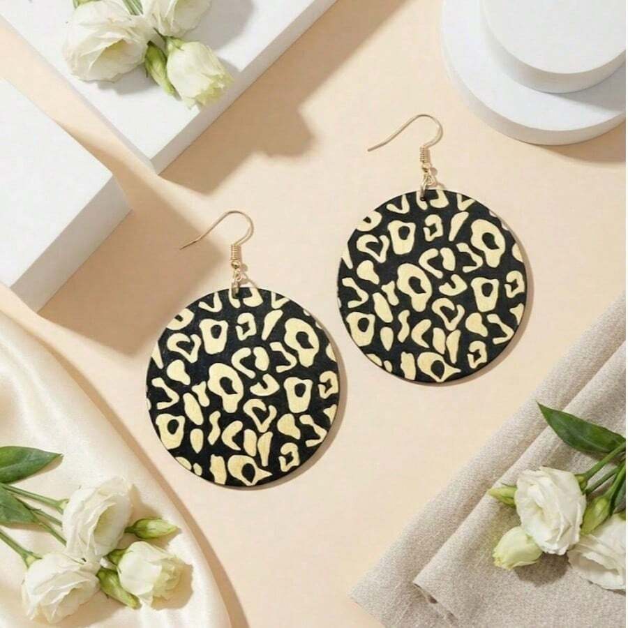 1 Pair Women's Exaggerated Large Size Fashionable Leopard Print Wooden Pendant Earrings - Multicolor-5 - View 1