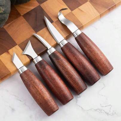 5pcs Set: Carving Knife, Curved Knife, Straight Knife, Carving Wooden Spoon, Handcraft Carving Pattern Tools