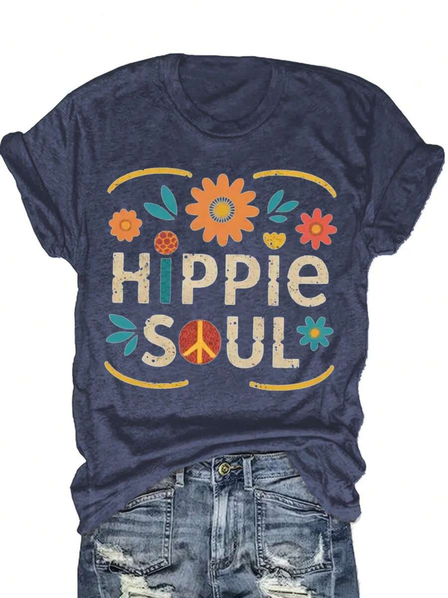 Hippie Soul Boho Floral Print T-Shirt | Retro Inspired Graphic Tee For Festival & Everyday Wear | Comfortable Cotton Blend, Relaxed Fit - Màu xanh hải quân - Xem 1