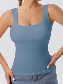 Ladies' Large U-Shaped Beautiful Back Casual Sports Vest, Women's Detachable Chest Pad, Fitted Solid Color, Worn Inside And Outside, Base Layer, Tank Vest - 淺藍色 - 查看 3