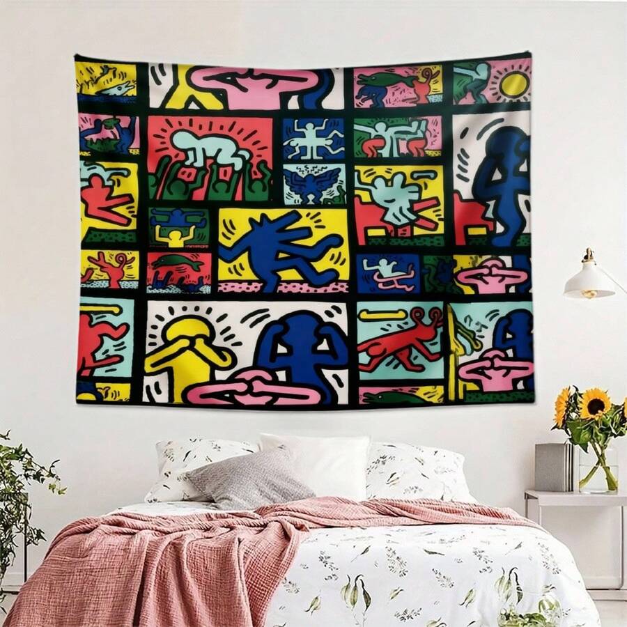 1pc Bedroom Decor Keith Haring Colorful Cartoon Figures Grid Pattern Tapestry, Decorative Wall Hanging Tapestry For Bedroom, Lotus Spiritual Tapestry, Beach Mat, College Dorm Home Decor Hanging Cloth Gifts Birthday Graduation - 1PC - 查看 1