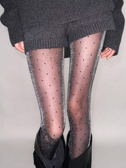 1pc Silver Thread Polka Dot Sexy Jumpsuit, Ultra-Thin Pearlescent Glitter Skinny Pants, Sheer Polka Dot Slimming Leggings, Fashionable Decorative Socks, Suitable For Spring, Summer, Autumn Wear, Parties, Bars, Fashion Photoshoots, Influencers