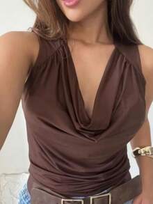 Blusa Femenina Elegante Decote Drapeado Profundo Tecido de malha Drapeado casual Feriado Escritório Diário Verão primavera - Marrom - Visão 3