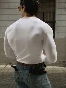 Men's Sweater, Long Sleeve, Ribbed Cotton, ESSENTIAL, Round Neck - White - View 4