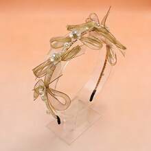 Girls' Mesh Fabric Bow Rhinestone Pearl Headband, Suitable For All Seasons - Khaki - View 9