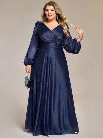 Plus Size Glitter Elegant Embroidered Applique Split Long Sleeve High Waist Evening Dresses Formal Dresses For Party