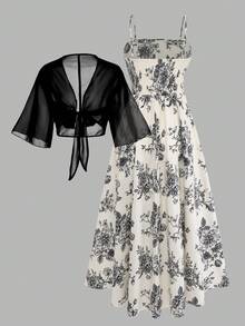 Conjunto de Vestido e Jaqueta Chiffon com Estampa de Rosa Elegante Feminino, Conjunto Gracioso para Praia, Encontro, Dia dos Namorados, Uso Casual Diário, Verão e Primavera Preto - Preto - Visão 3