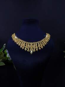 5pcs 18K Gold Plated Luxury Royal Style Geometric Tassel Design Bridal Wedding Jewelry Set, Handset White Cubic Zirconia, Including Necklace, Bracelet, Earrings, Ring, Suitable For Daily Wear And Wedding, Wedding Anniversary Gift (Comes In Gold Gift Box) - Gold - View 5