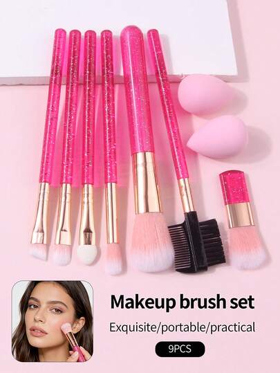Set de 9 piezas de brochas de maquillaje con purpurina rosa y cristales, cerdas suaves y esponjosas, portátiles para maquillaje de rostro completo, base, sombras de ojos, rubor y corrector