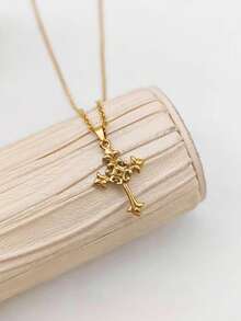 1pc 18K Gold Plated Vintage French Elegant Gold Stainless Steel Cross Floral Pendant Necklace - Adjustable Side Chain, Luxury Minimalist Design, Suitable For Daily Wear And Gift, Cross Necklace - Yellow Gold - View 1