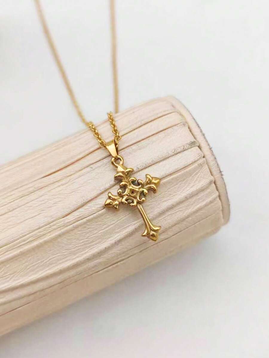 1pc 18K Gold Plated Vintage French Elegant Gold Stainless Steel Cross Floral Pendant Necklace - Adjustable Side Chain, Luxury Minimalist Design, Suitable For Daily Wear And Gift, Cross Necklace - Yellow Gold - View 1