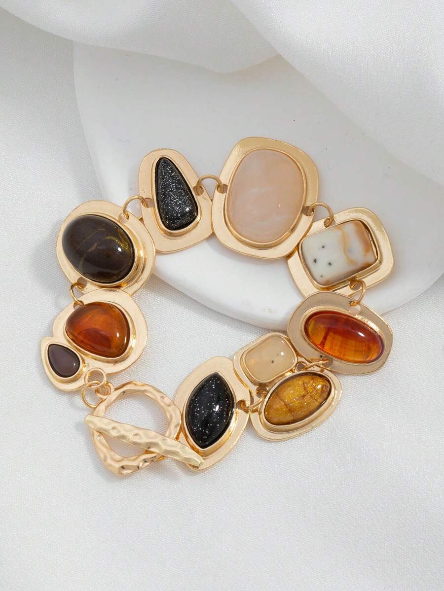 1pc Vintage Asymmetrical Stone Geometric Bracelet, Fashionable And Elegant Design For Women - Multicolor - View 1