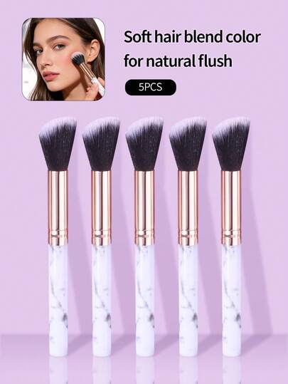 5支装软毛大理石渐变斜角腮红刷、修容刷、散粉刷，多功能化妆刷套装，适合初学者，便携