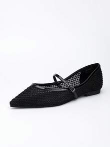 Sparkling Rhinestone Mesh Pointed Toe Shoes, French Classic Versatile Fashion - Black - View 4