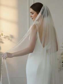 1pc Elegant Beaded Bridal Veil Single Layer Wedding Veil With Comb - Multicolor - View 4