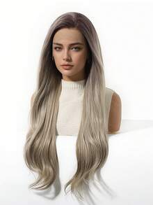 Long Curly 13*4 Lace Wig Ash Brown Ombre Fluffy Curly Heat Resistant Synthetic Lace Front Wig Perfect For Date Daily Wear & Special Occasions - Multicolor - View 3