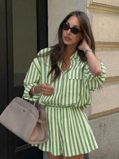2pcs Women's Elegant Set: Spring/Summer Versatile Casual High Waist Pleated Shorts + Striped Long Sleeve Shirt, New Refreshing Striped Outfit, Suitable For Work, Hangout, Travel, Campus, Fashion Blogger Style, Chic And Slimming