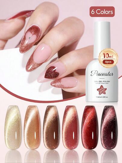  PEACECOLOR 6PCS Cat Eye Gel Polish Set, Brown Colors Light Flow Colored Cat Eye Magnetic Gel Nail Polish Set, Salon-Grade Nail Art Design Gel Polish For Nail Art Lovers