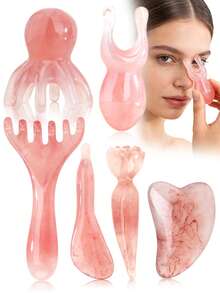 1/2/3/4/5/6件套面部美容按摩工具组合套装，女士面部提拉按摩，刮痧，眼部按摩，头部按摩多功能肌肉放松小工具 - 粉色 - 查看 2