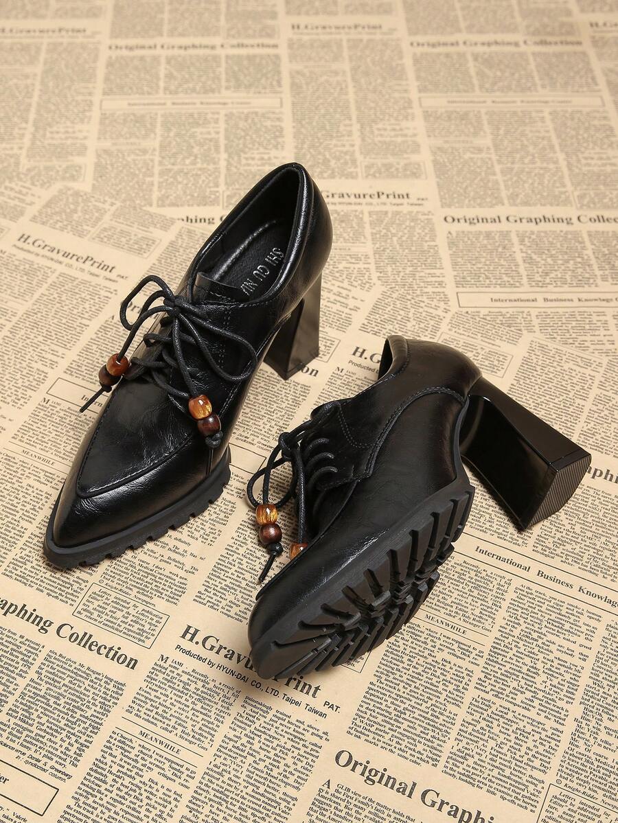 2026 Spring New Women's Shoes, Pointed Toe Fashion Elegant Retro Beaded Bow Tie Leather Pumps, Chunky Heel Mule Shoes, Casual Commute Slimming Chic Black, Burgundy - Black - View 1