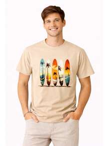 Men's T-Shirt With Surfboard Print, 100% Cotton, Super Comfortable, Summer Fashion - 米色 - 查看 1