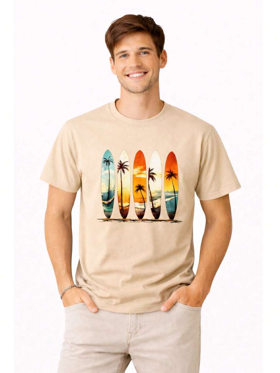 Men's T-Shirt With Surfboard Print, 100% Cotton, Super Comfortable, Summer Fashion - 米色 - 查看 1