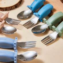 2pcs/Set Baby Stainless Steel & Silicone Spoon And Fork Set, Toddler Feeding Training Utensils - Multicolor - View 8