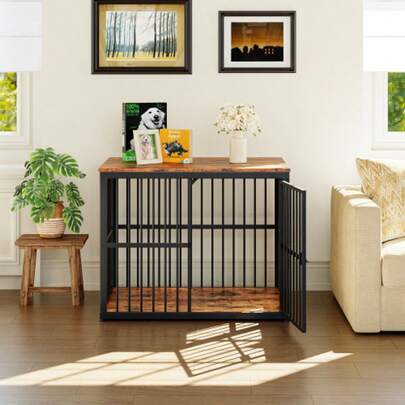 Modular Dog Crate With 3 Doors, 2-In-1 TV Stand Or Bedside Table, Waterproof Top, Combinable System, External Dimensions 84 X 56 X 66 Cm, Retro Brown Color