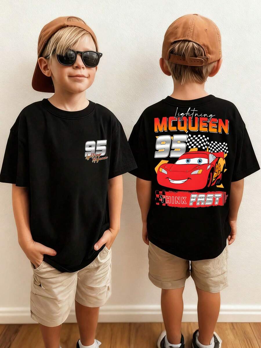 Disney Lightning McQueen Double-Sided Print Kids Tee, No.95 Race Car Short Sleeve Top - 黑色 - 查看 1